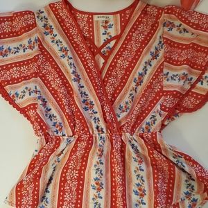 Red and blue flower striped blouse